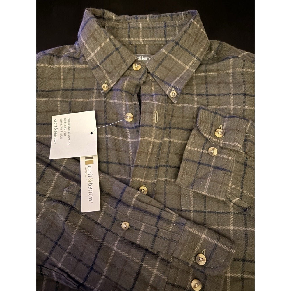 NWT Croft & Barrow Mens Small Olive Gray Plaid Flannel Button Down Shirt